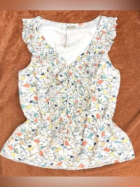 Lauren Conrad women’s sleeveless lined ruffled bird blouse size small white